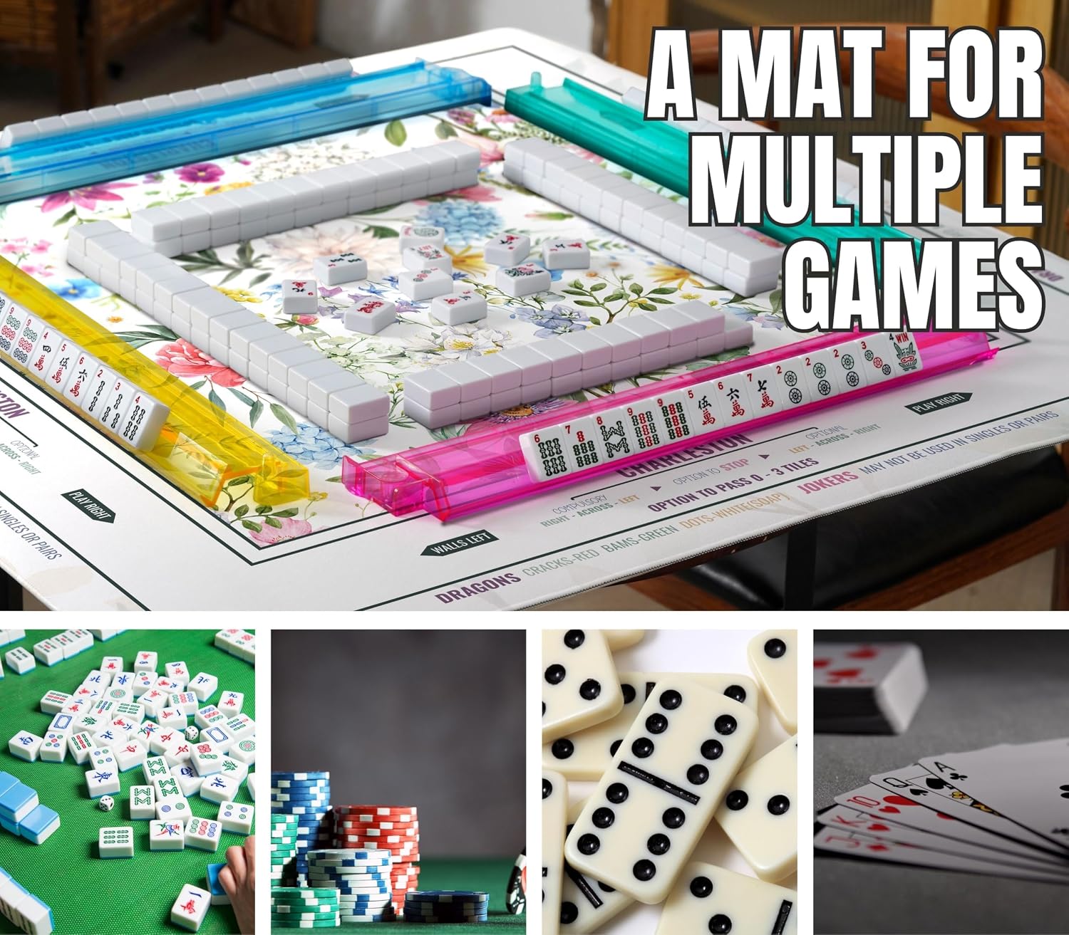 Mahjong Mat (33x33) - Non-Slip Noise Reduction Gaming Mat for American Mahjong - Flower-Carnation-12